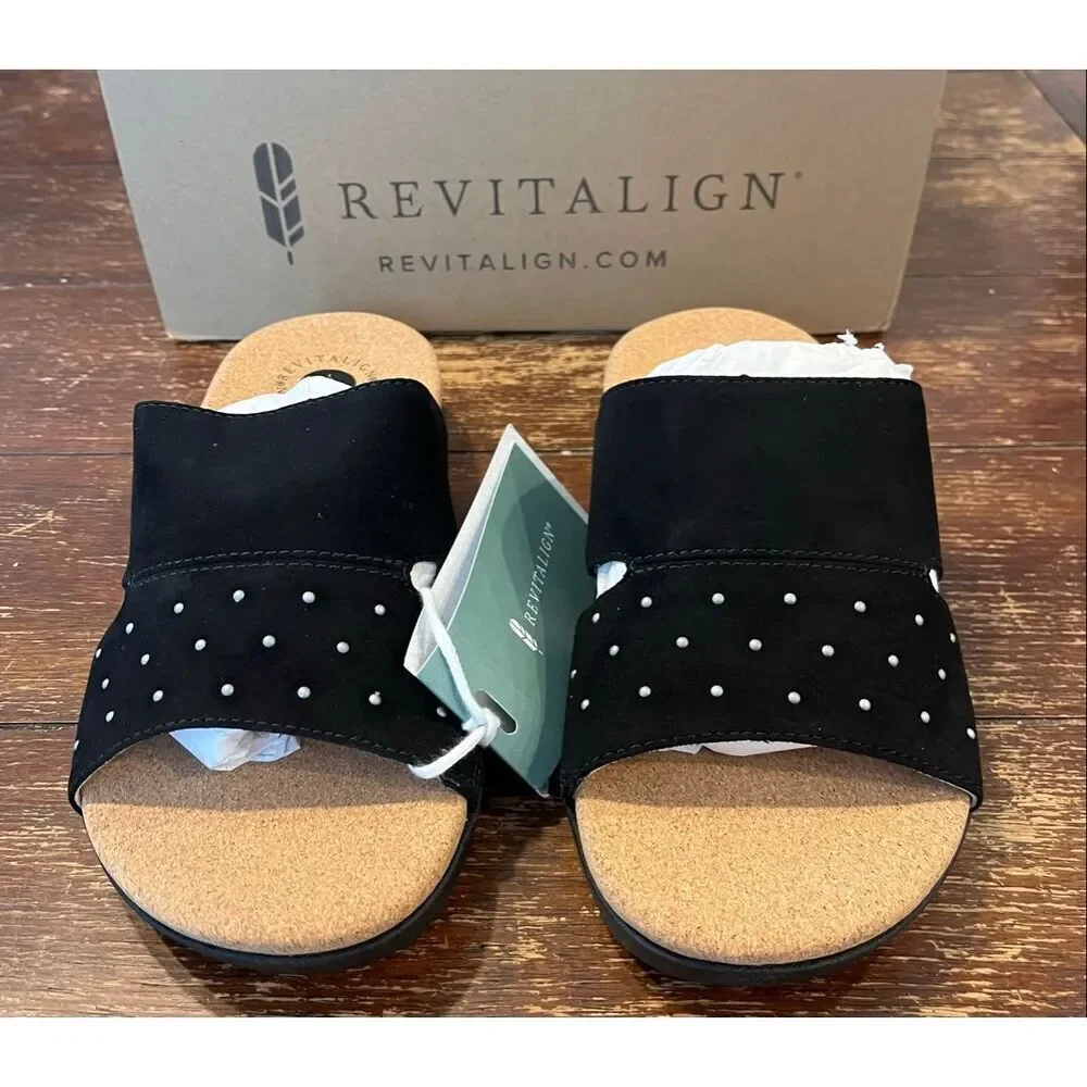 REVITALIGN Women's Lucy Stud Slide Sandal, Black, 5.5